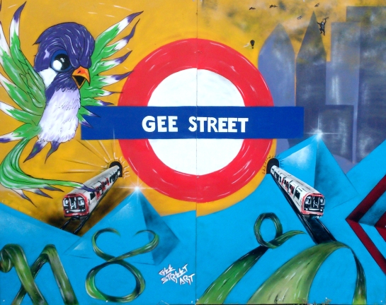 An unofficial addition to the creative vibe of the event - just down the road, local street artist Gee injects some life into the drab hoardings of the derelict shops waiting for development